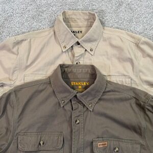 Stanley Mens M Long Sleeve Cotton Twill Work Shirt Khaki Button Down Lot of 2